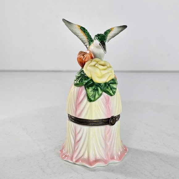 Vintage Hummingbird Trinket Box Flower Ceramic Pink Green Yellow - Picture 2 of 8